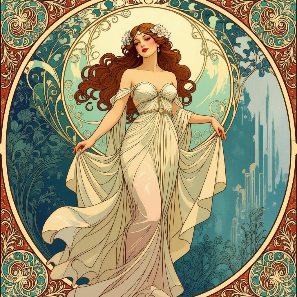 Celestial Nymph with Wavy Hair in Ethereal Landscape