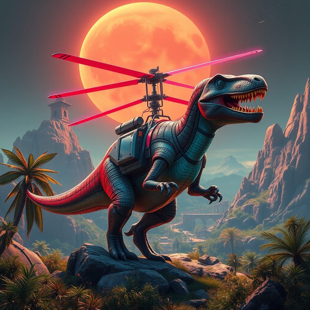 Cyberpunk Dinosaur Helicopter in Neon Futuristic Landscape