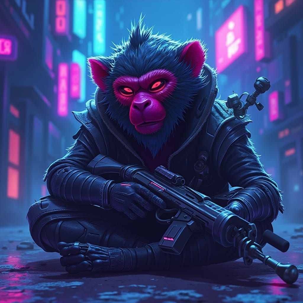 Cyberpunk Marmoset Villain in Red Oni Mask, Cradling High-Te...