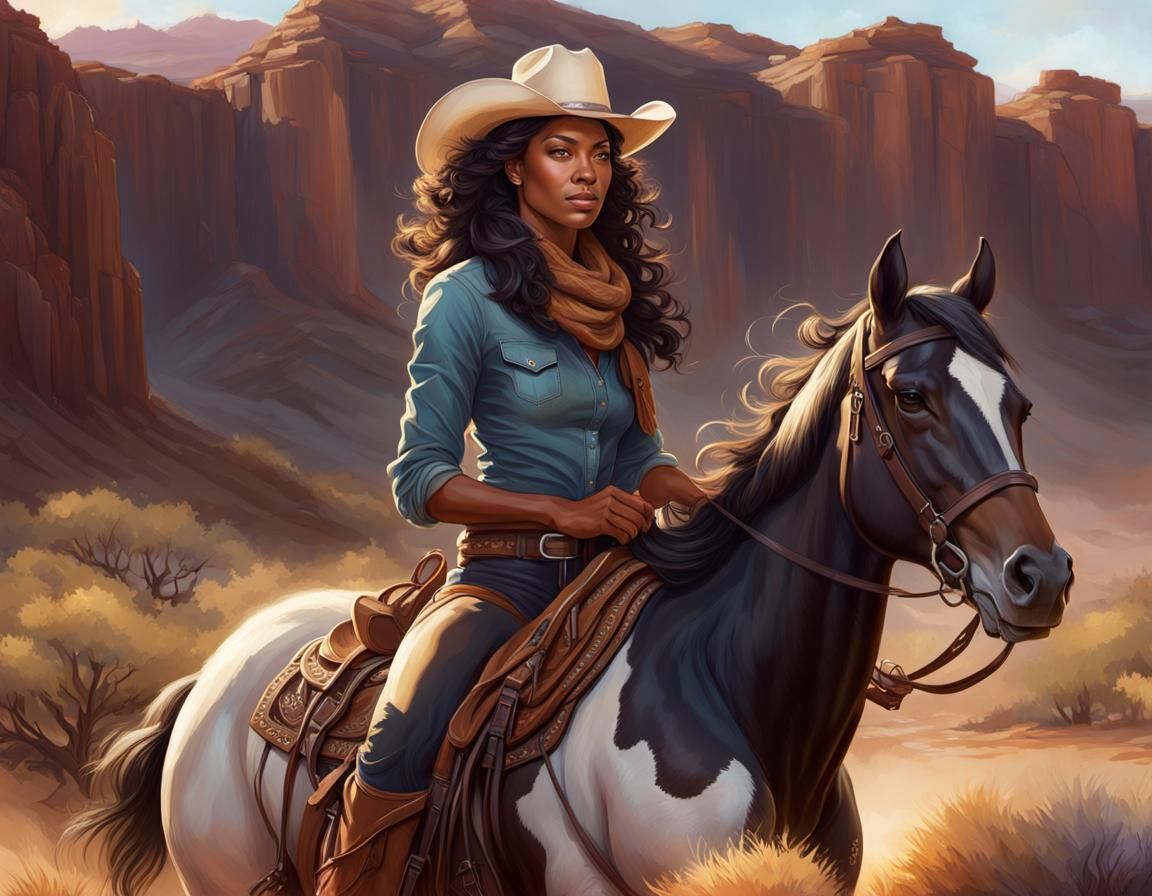 Confident Biracial Woman on Horseback, Hyperdetailed Portrai...