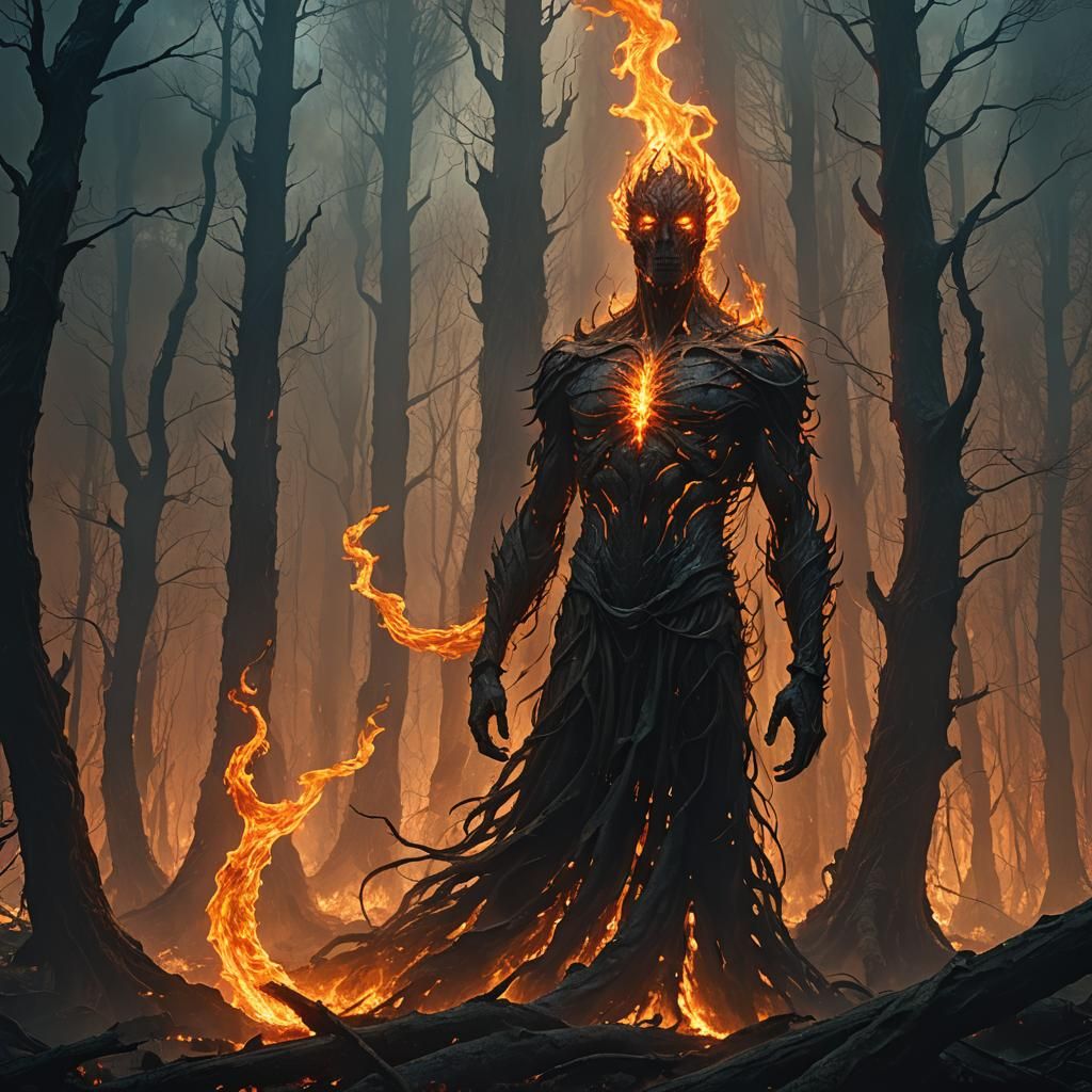Flaming Forest Titan: Surreal Digital Concept Art