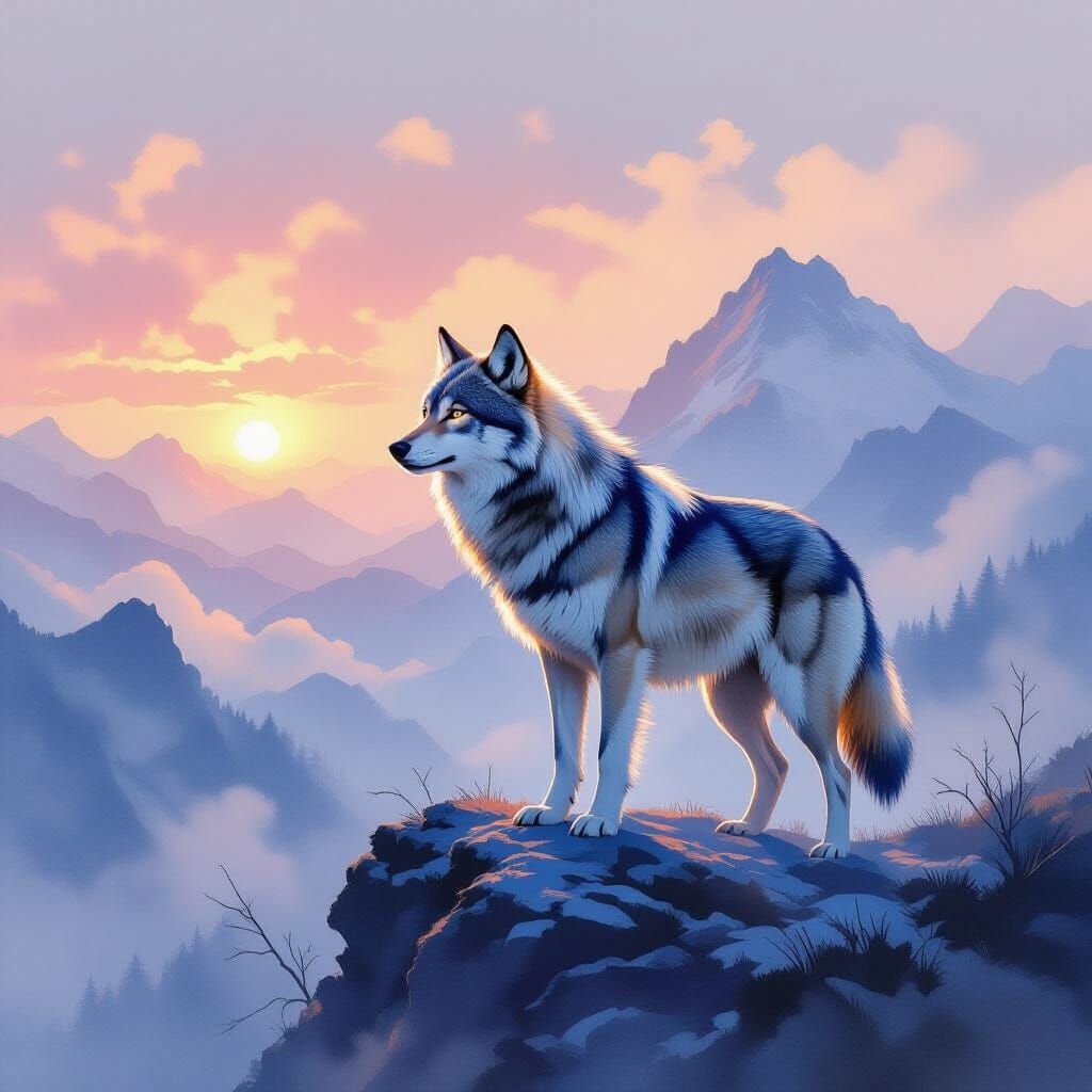 Majestic Wolf at Dawn on Misty Mountain Peak