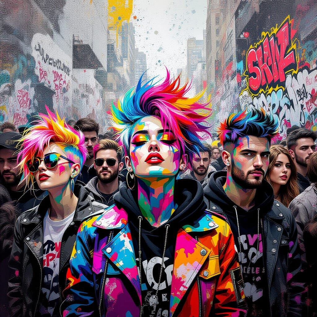 Eccentric Crowd Amidst Graffiti Art in Polychromatic Style