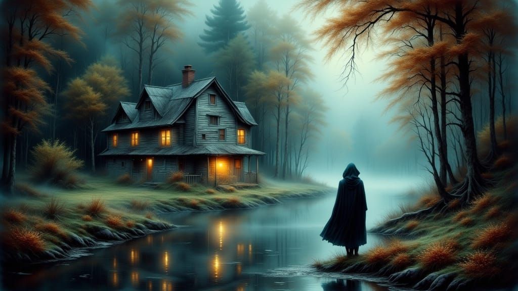 Ghost Hunter in Misty Forest, Antique Watercolor Style