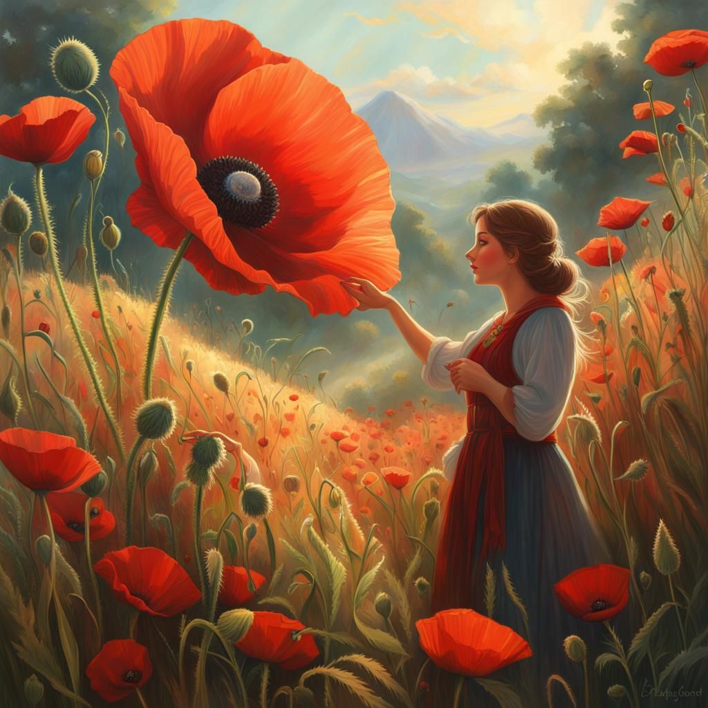Gentle Giant Offering Poppy in Sunny Landscape