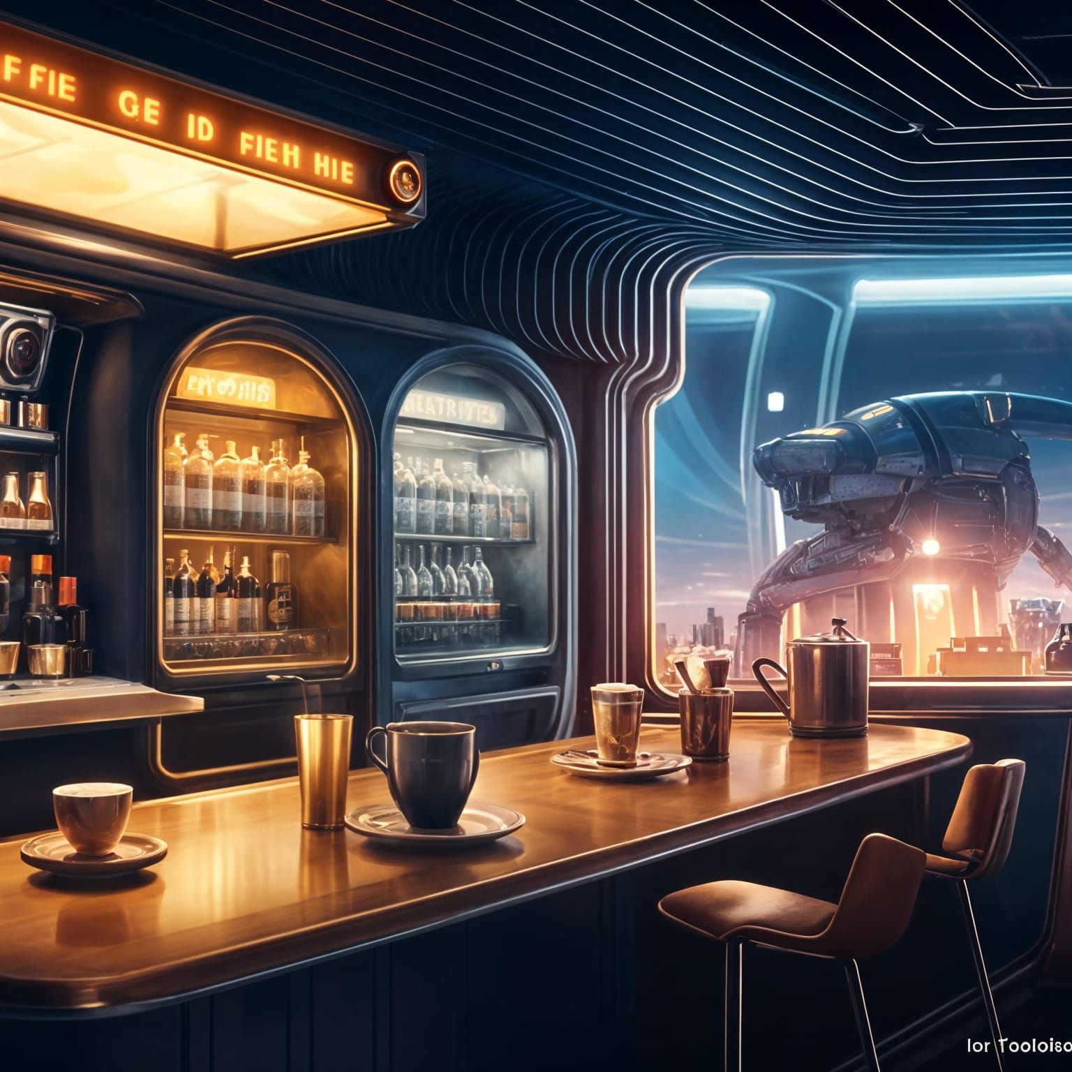 Retro-Futuristic Café with Robot Bartender