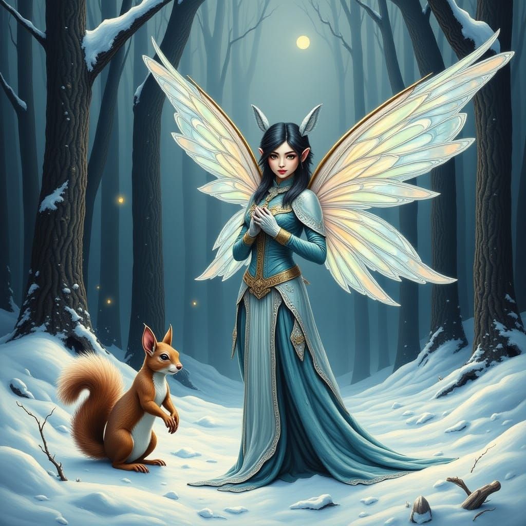 Winter Fairy and Squirrel Protector in Moonlit Forest
