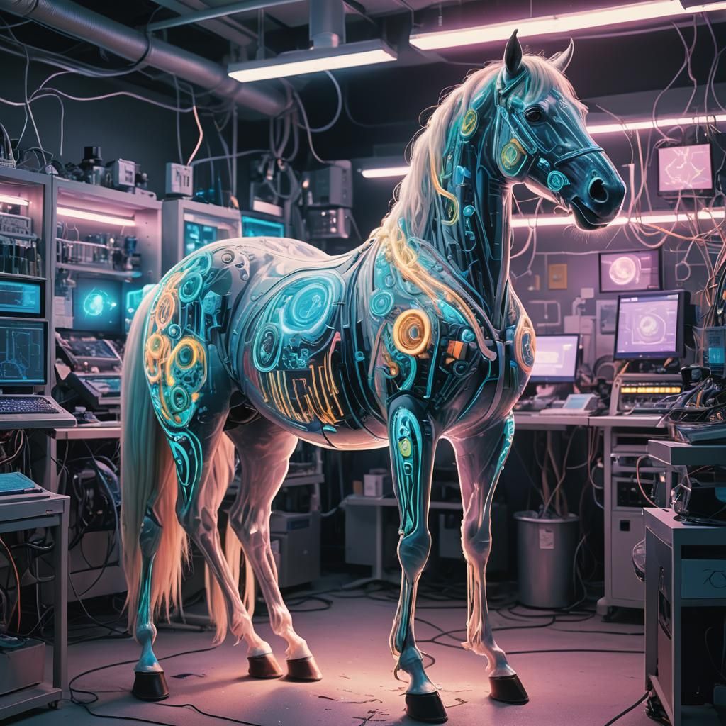 Bioluminescent Horse in Lab: Neon Fantasy Art