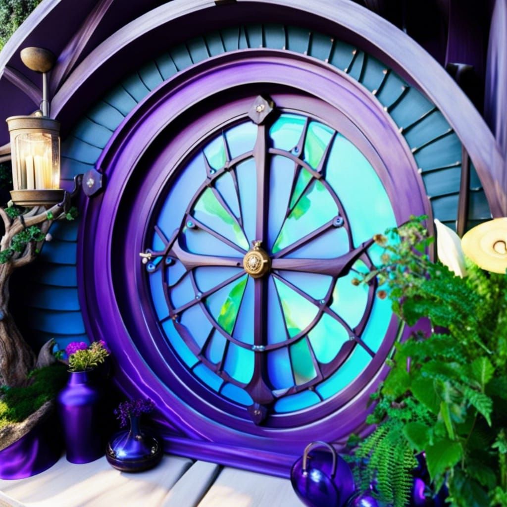 Hobbit den with purple Circular door& purple circular windows& gothic vibes& ethereal vibes& hobbit vibes& Lord of the r...