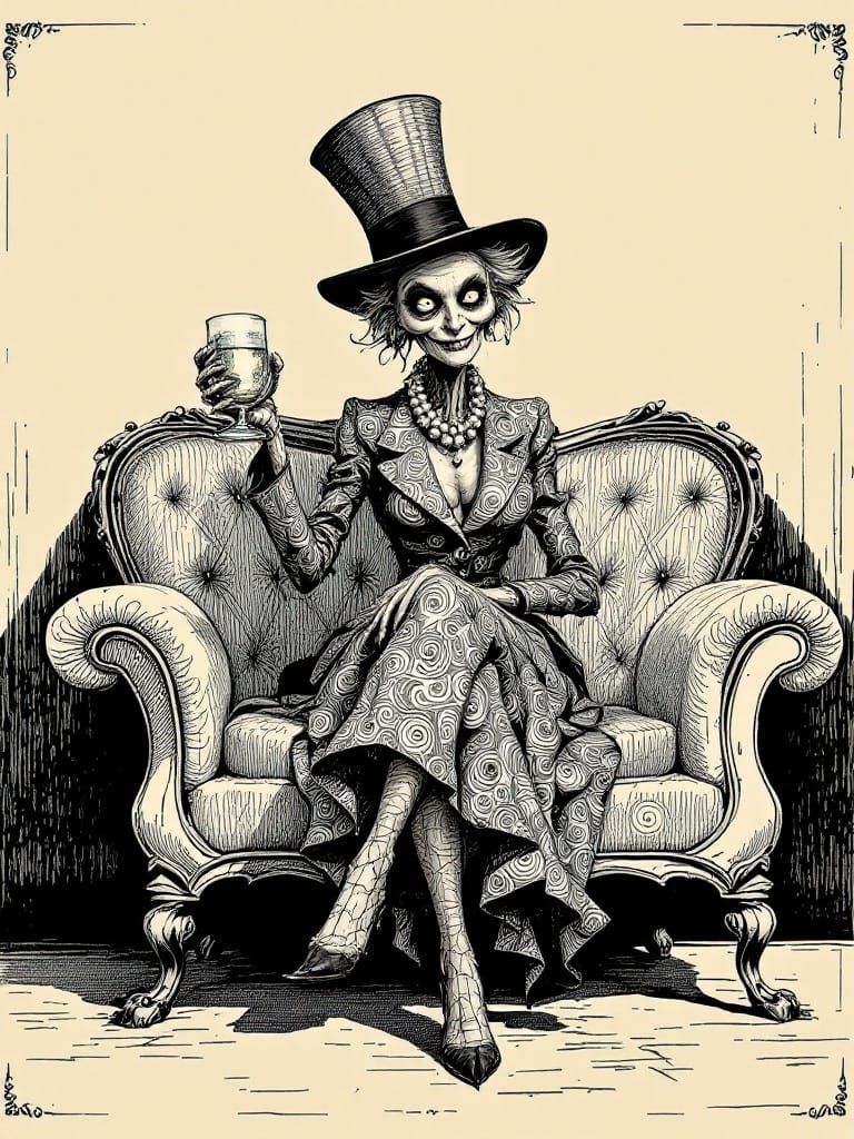 Eccentric Woman Pours Gin: Pen-and-Ink Illustration