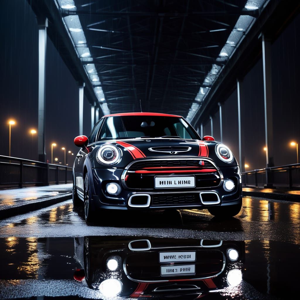 Mini Cooper JCW Under Neon Bridge in Rain