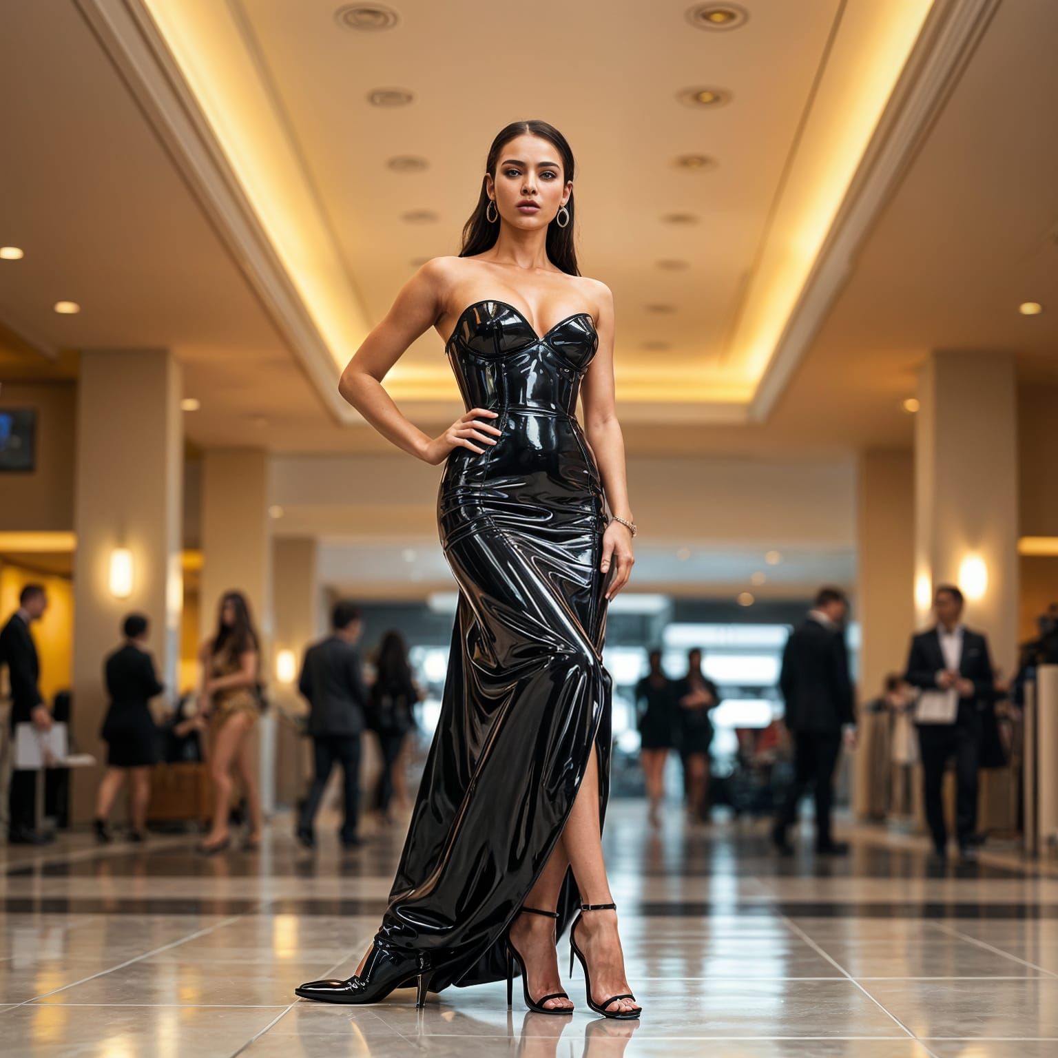 Elegant Woman in High-Gloss Black Latex Gown