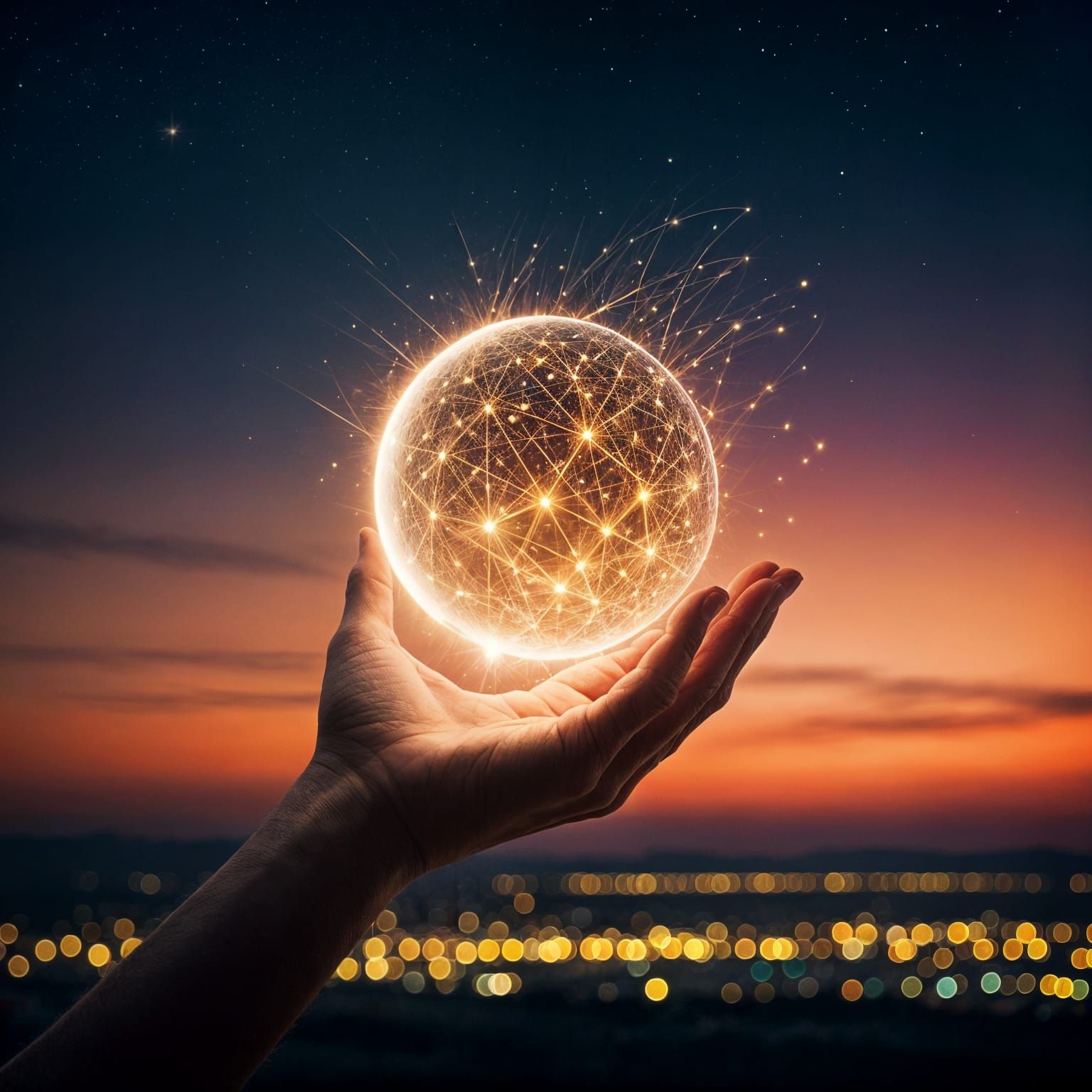 Hand Holds a Glowing Celestial Sphere in a Peaceful Twilight...