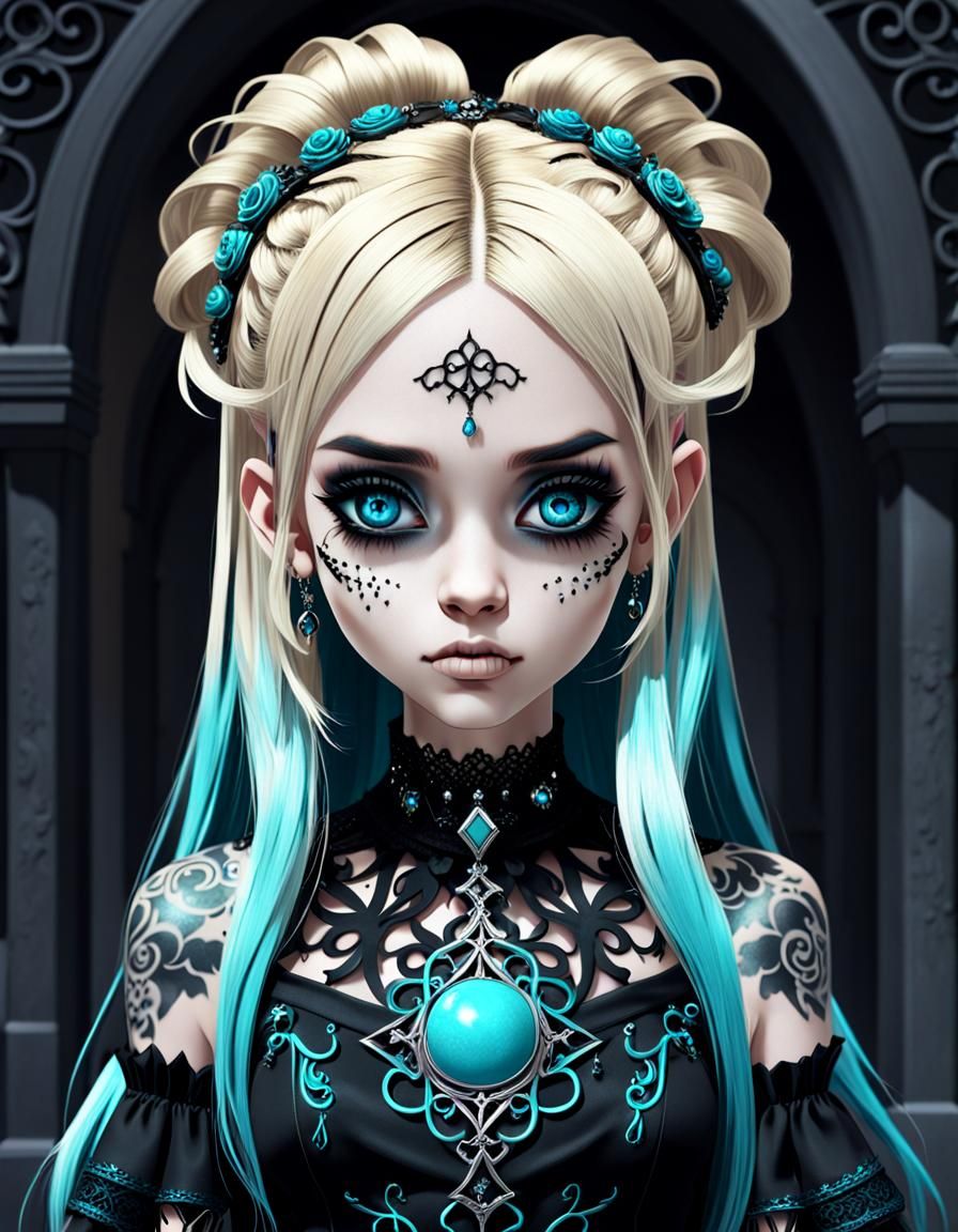 Anime Gothic Girl with Tattoos in Filigree Style