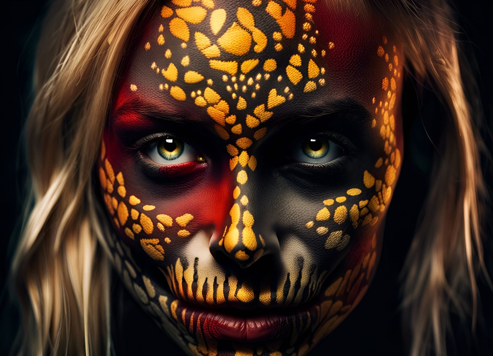 Blonde Woman with Skull Body Art in Red and Yellow