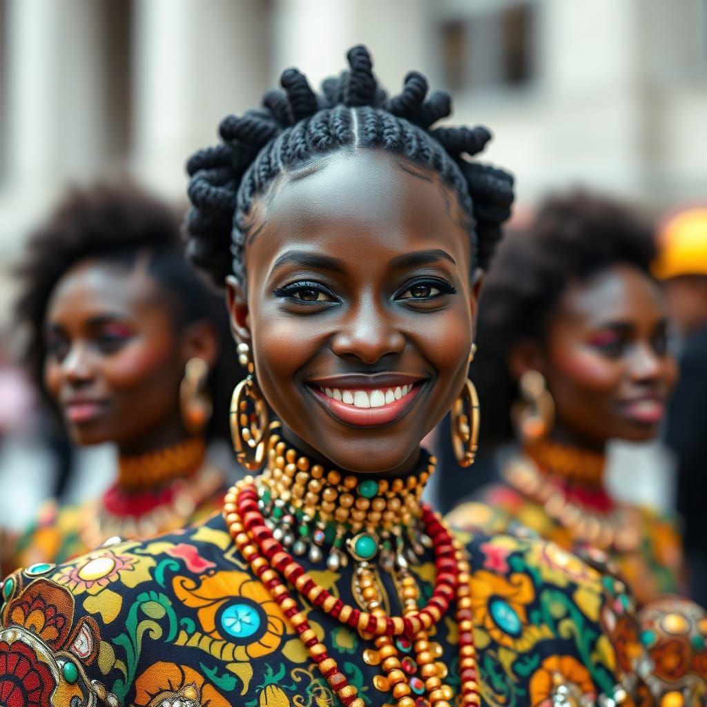 Smiling Woman in Extravagant Outfit, Professional Photograph...