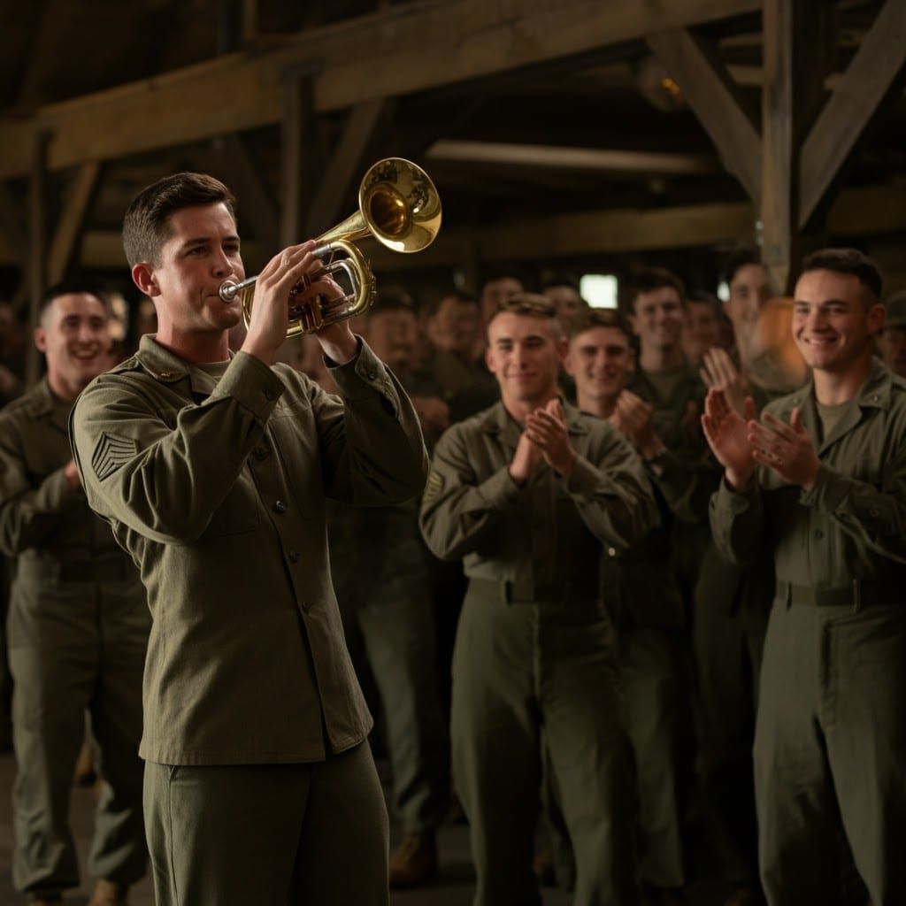 Young Soldier Plays Boogie Woogie on Bugle in Army Barracks