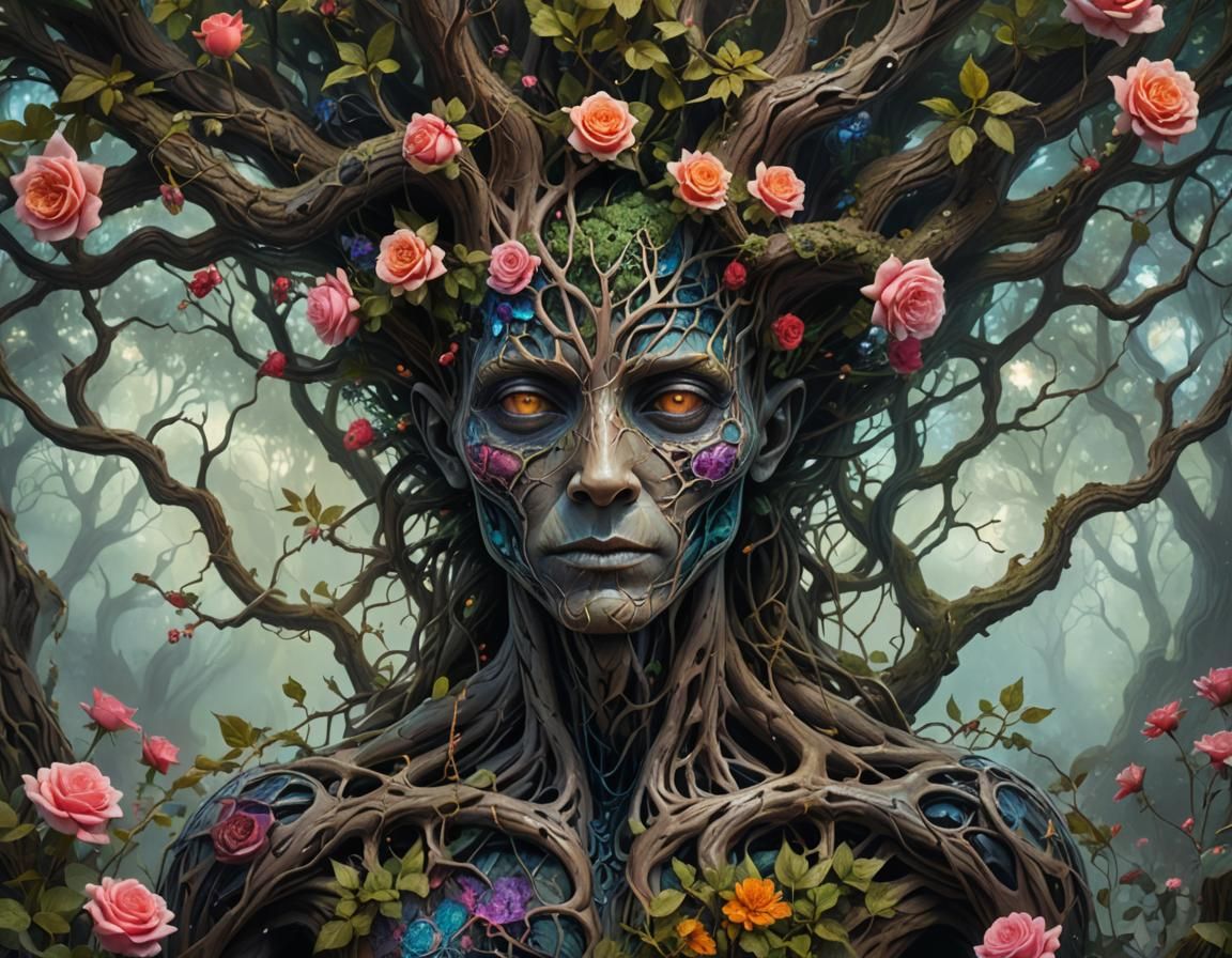 Humanoid Portrait in Alien Flora, Cosmic Surrealism