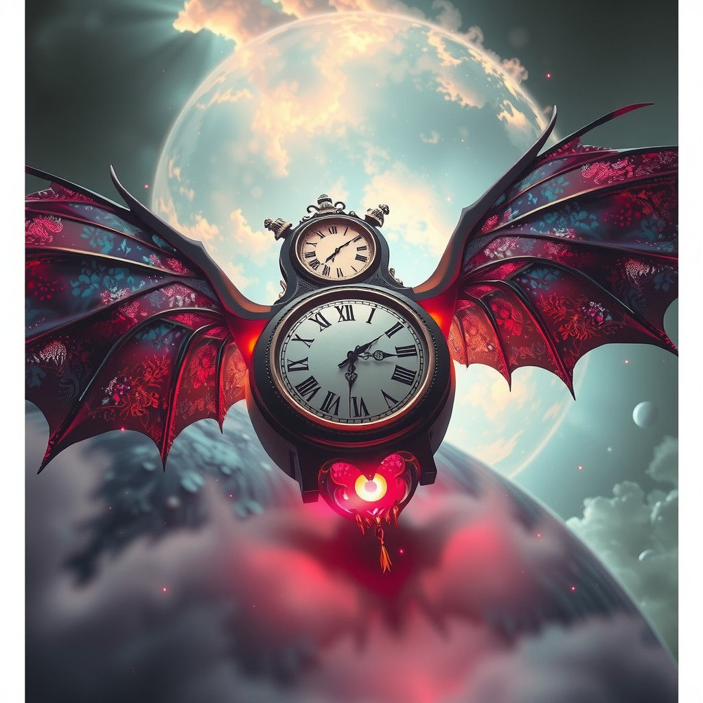 Winged Clock Soaring Through Time Portal in Surreal Style