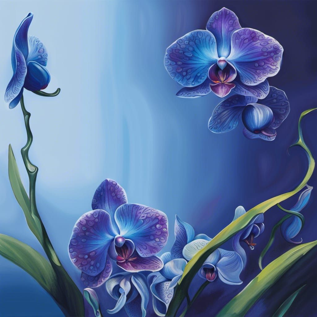 Blue Orchids in Vase: Detailed Elegant Painting