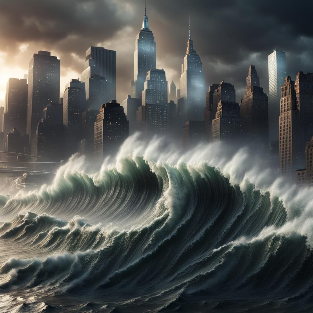 Tsunami Devastates New York City in Hyperrealistic Style