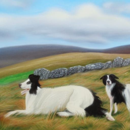 Border Collie and Sheep in Bleaklow Pastel Landscape