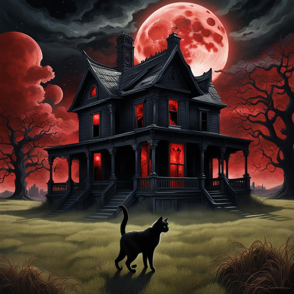 Sinister Black Cat Under Blood Moon