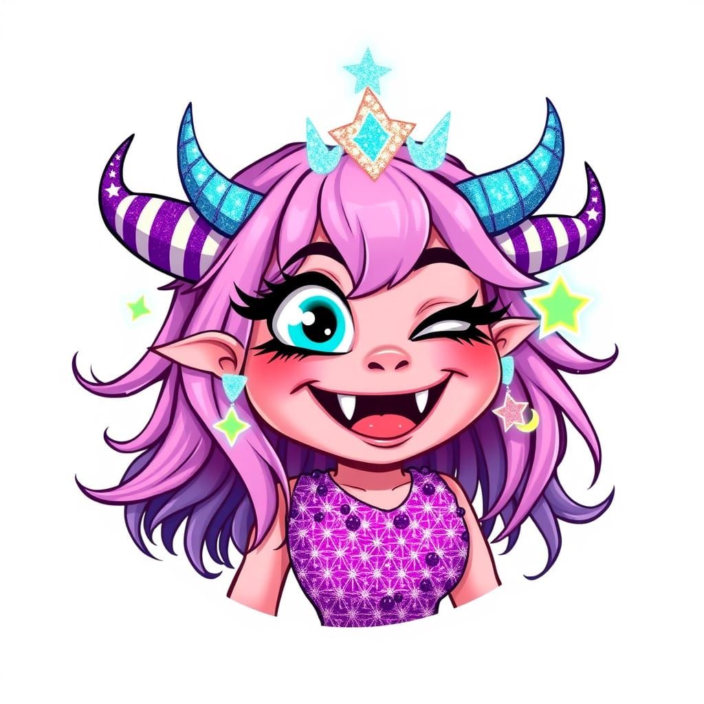 Adorable Cyberpunk Cartoon Monster with Glowing Eyes and Gli...