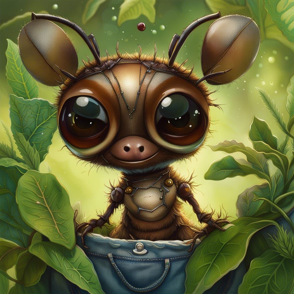 Big-Eyed Ant in Jeans on Plant, Whimsical Portrait