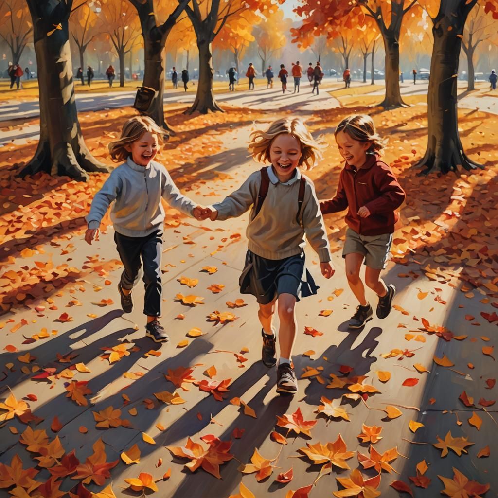 Children Playing in Autumn Leaves: Impressionist Oil Paintin...