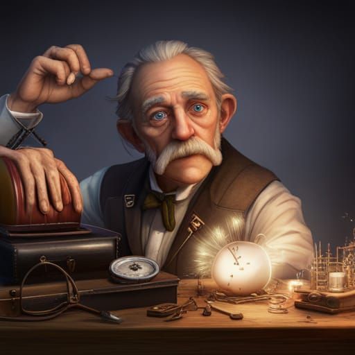 Crazy Inventor in Mechanization Style, 3D Render