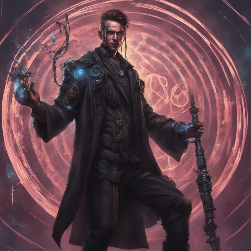 Cyberpunk Portrait with Magic Staff and Symbols
