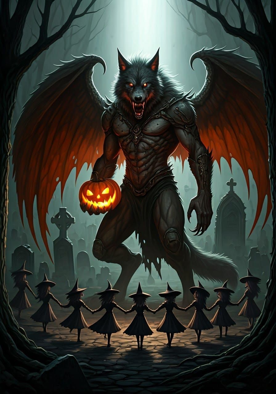 Werewolf with Demon Wings in Gothic Horror Scene