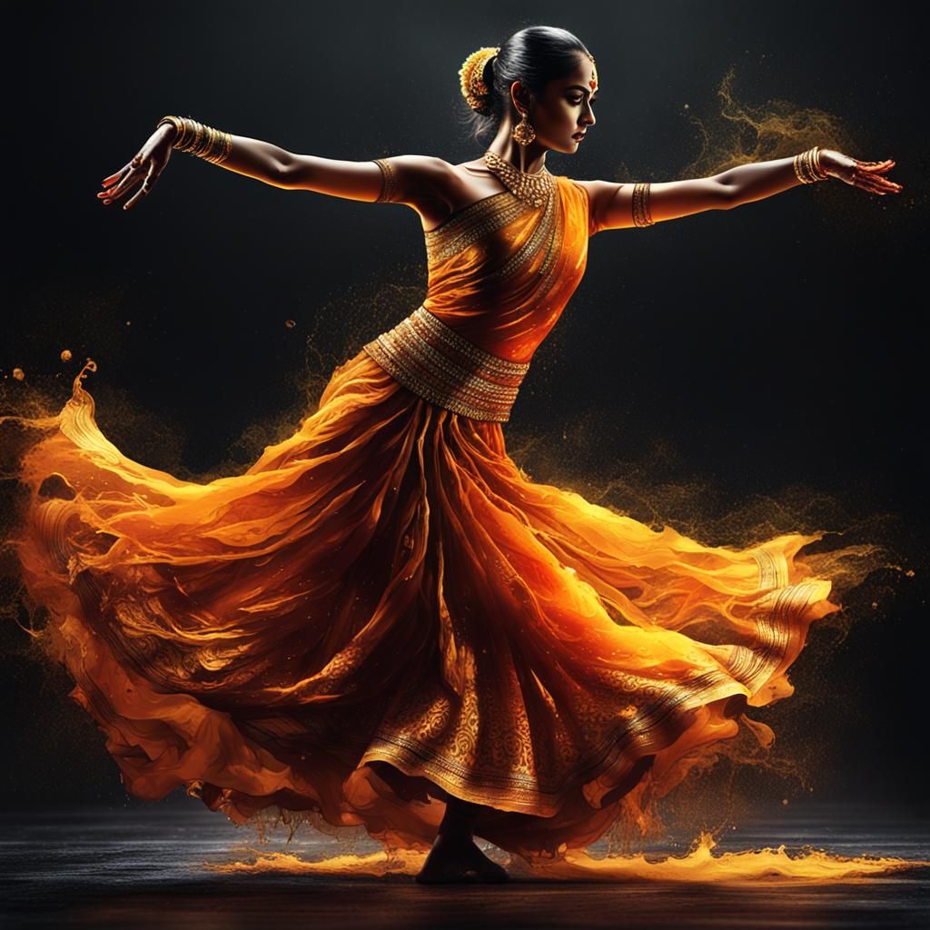 Bharatnatyam Dancer in Saffron Dress: Liquid Splash Art