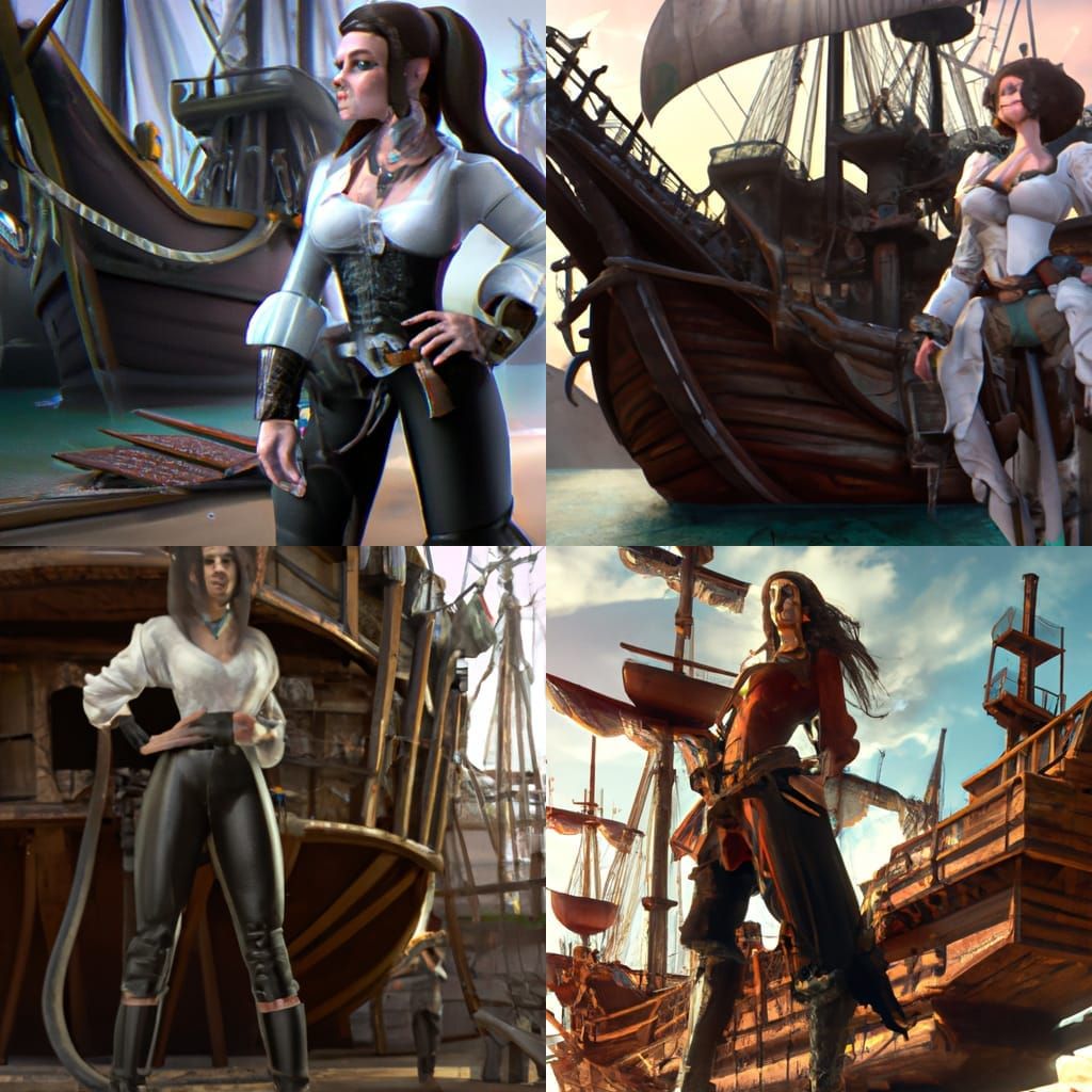Giant Female Pirate Stands Beside Ship: Detailed Art