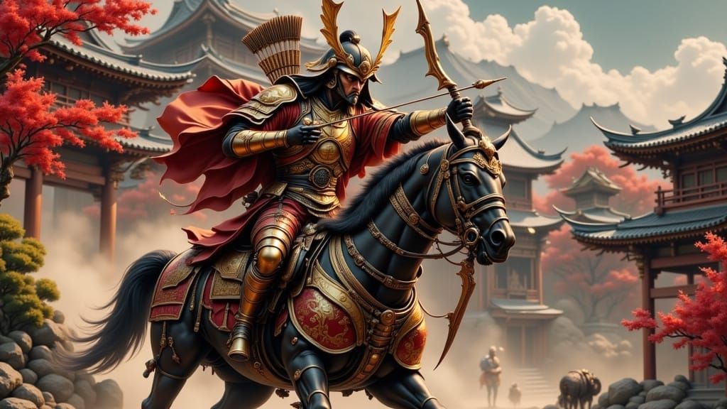 Futuristic Japanese Archer in Action at Ancient Temple