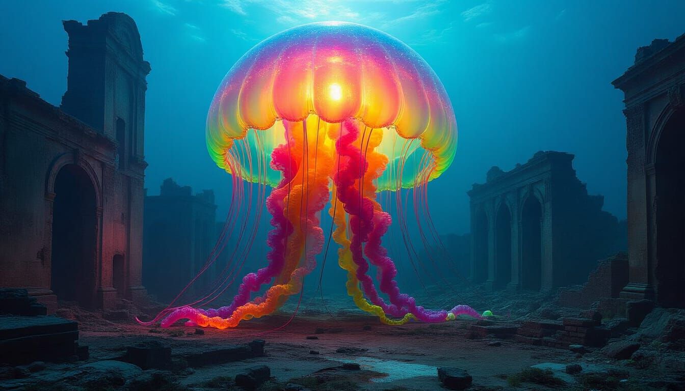 Fluorescent Jellyfish Goddess Illuminates Sunken City Ruins