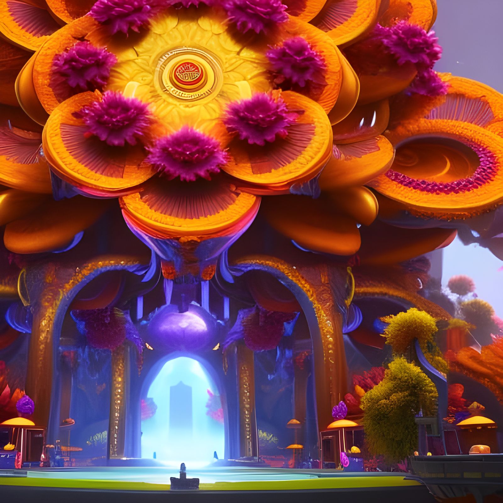 Surreal Giant Flower Temple in Fantasy Landscape