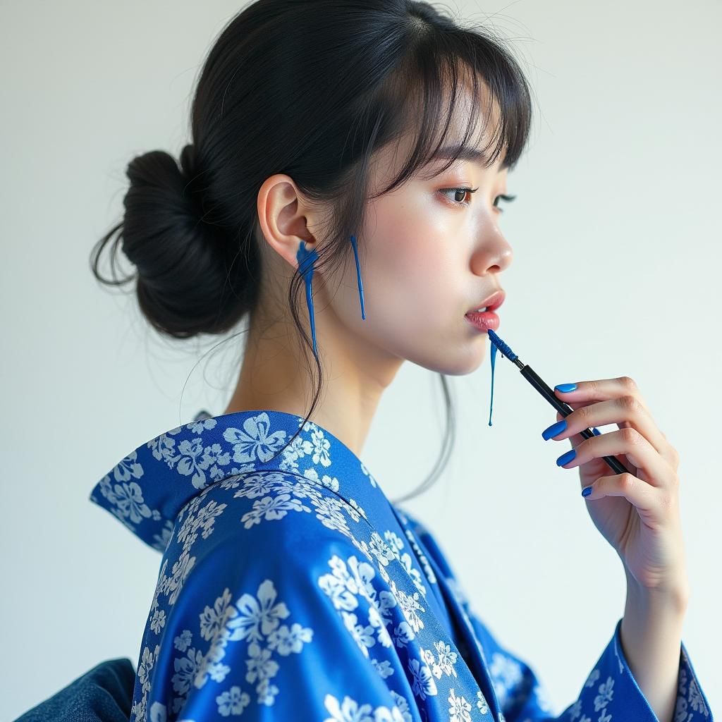 Blue Ink Dripping from Fingers of Woman in Kimono