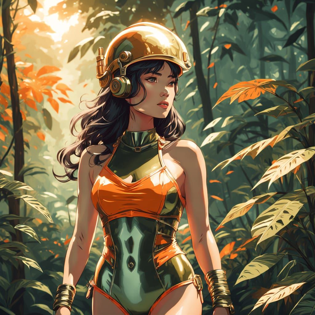 Anime Woman in Jungle with Military Helmet