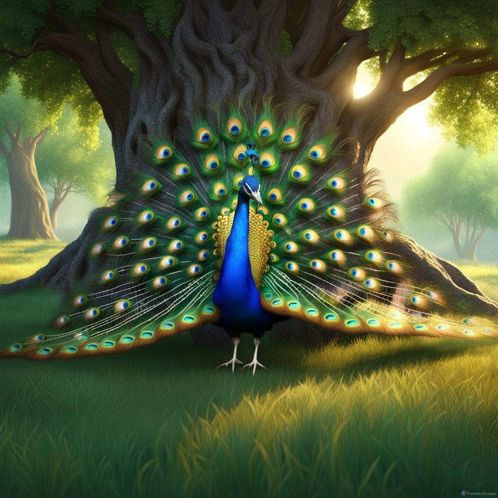 Majestic Peacock Displaying Feathers in Filtered Light