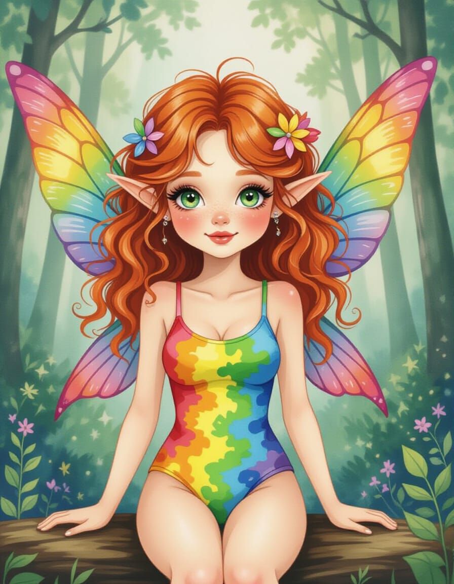 Watercolor Fairy with Rainbow Wings in Fantasy Forest