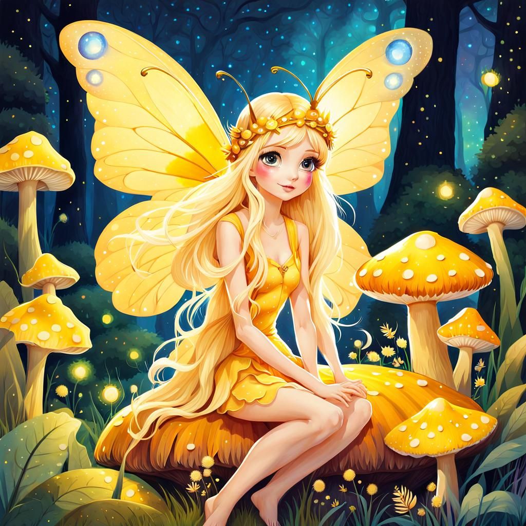 Fantasy Fairy on Mushroom in Watercolor Style