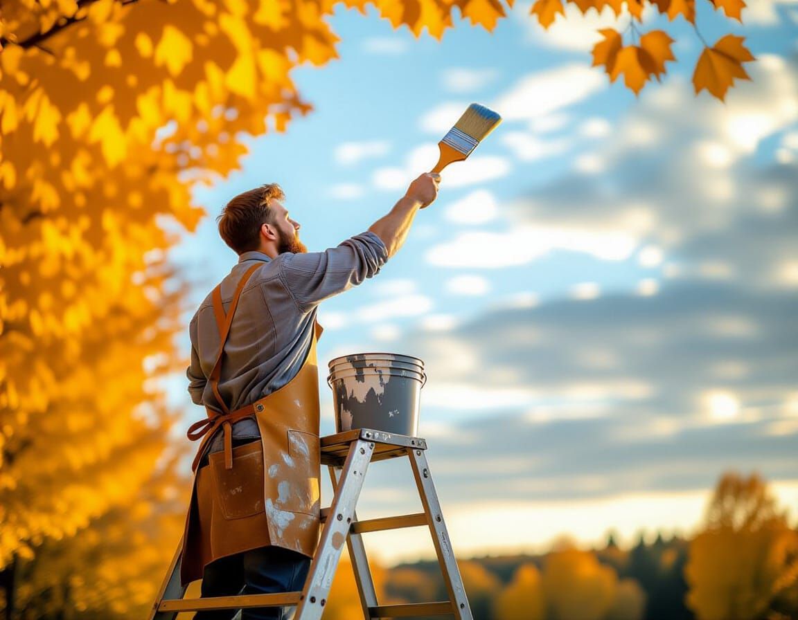Man Paints Autumn Sky Gray with Bucket and Brush