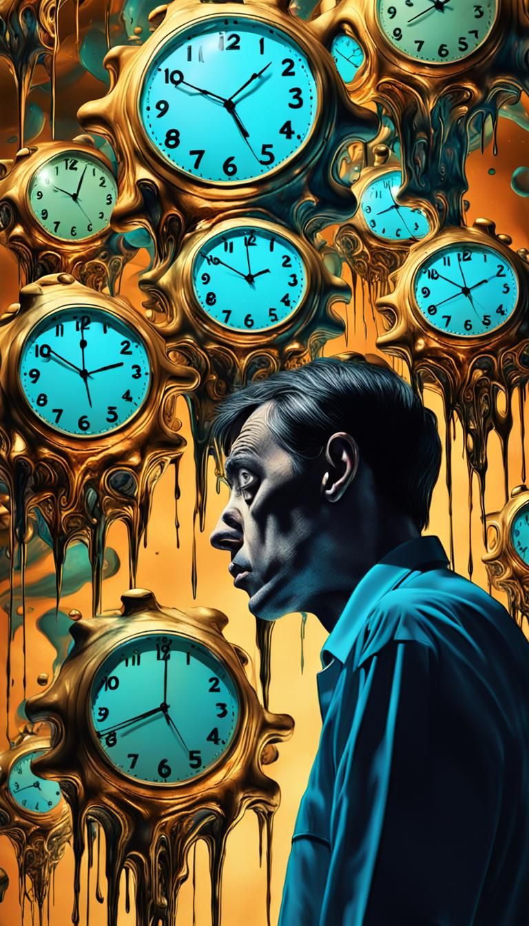 Surrealist Scene of a Person Lost in a Melting Clock Environ...
