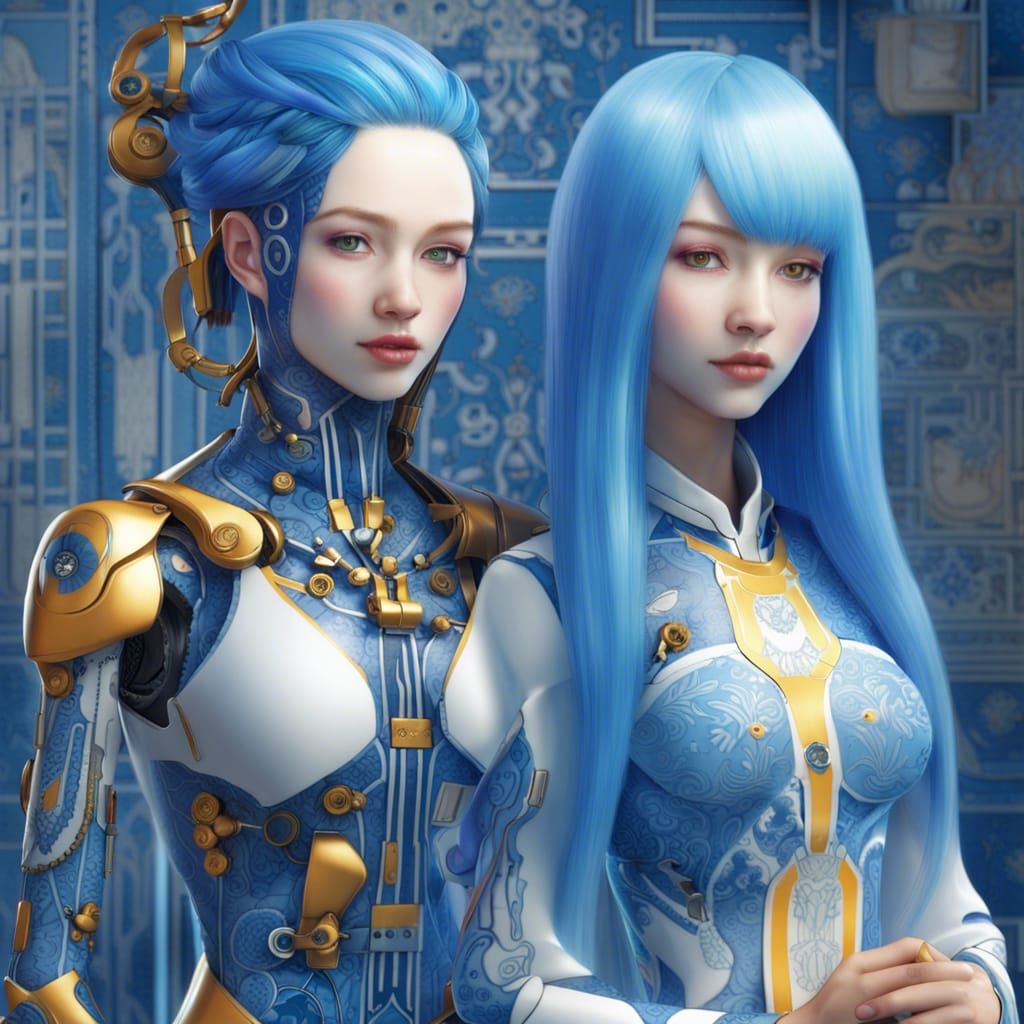 Woman and Cyborg with Blue Willow Ceramic Skin