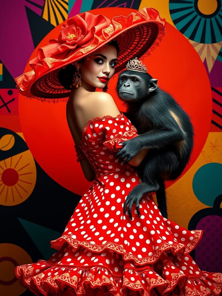 Sultry Flamenco Dancer with Capuchin Monkey, in Vibrant Art ...