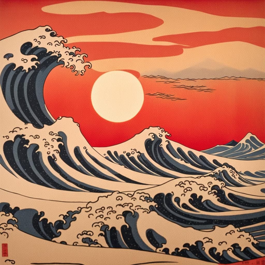 Red Waves at Sunset: Ukiyo-e Style