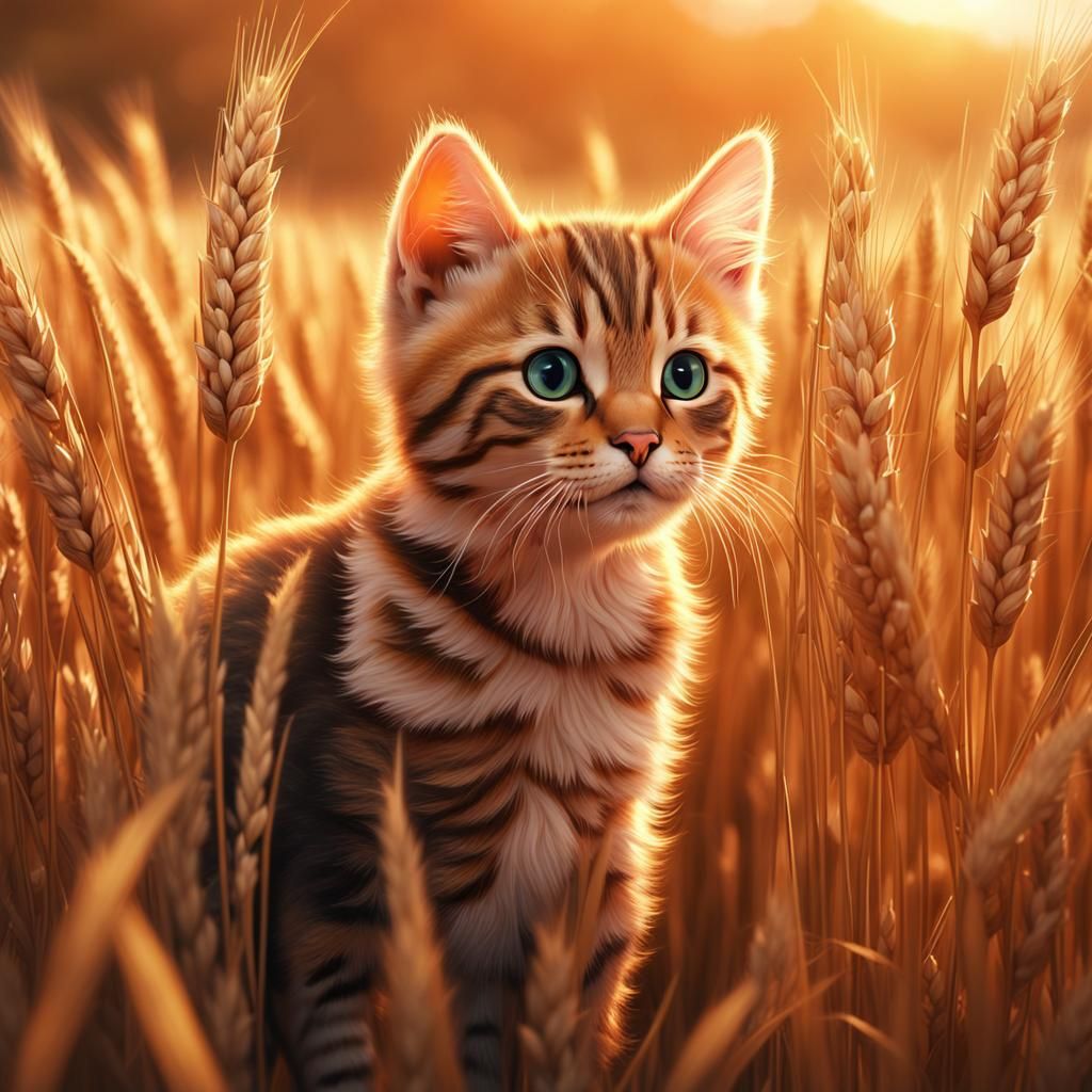 Orange Kitten in Wheat Field at Golden Hour