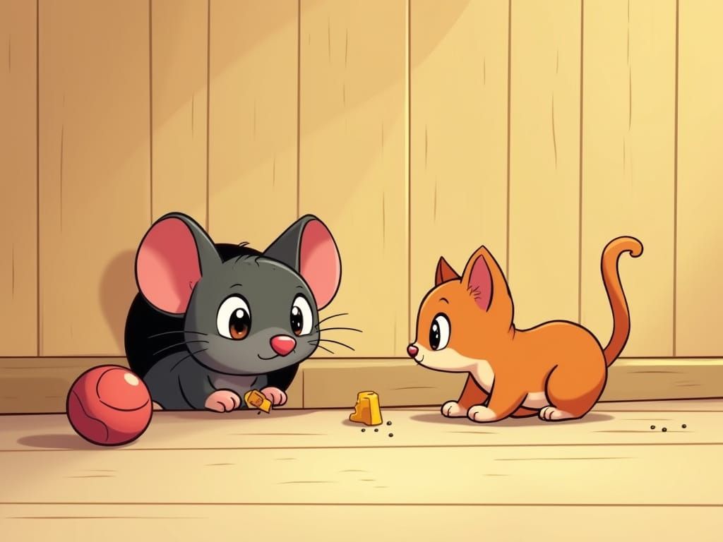 A shy cartoon-style mouse peeks nervously from the inside edge of its small, round hole at the base of a wooden wall. It...